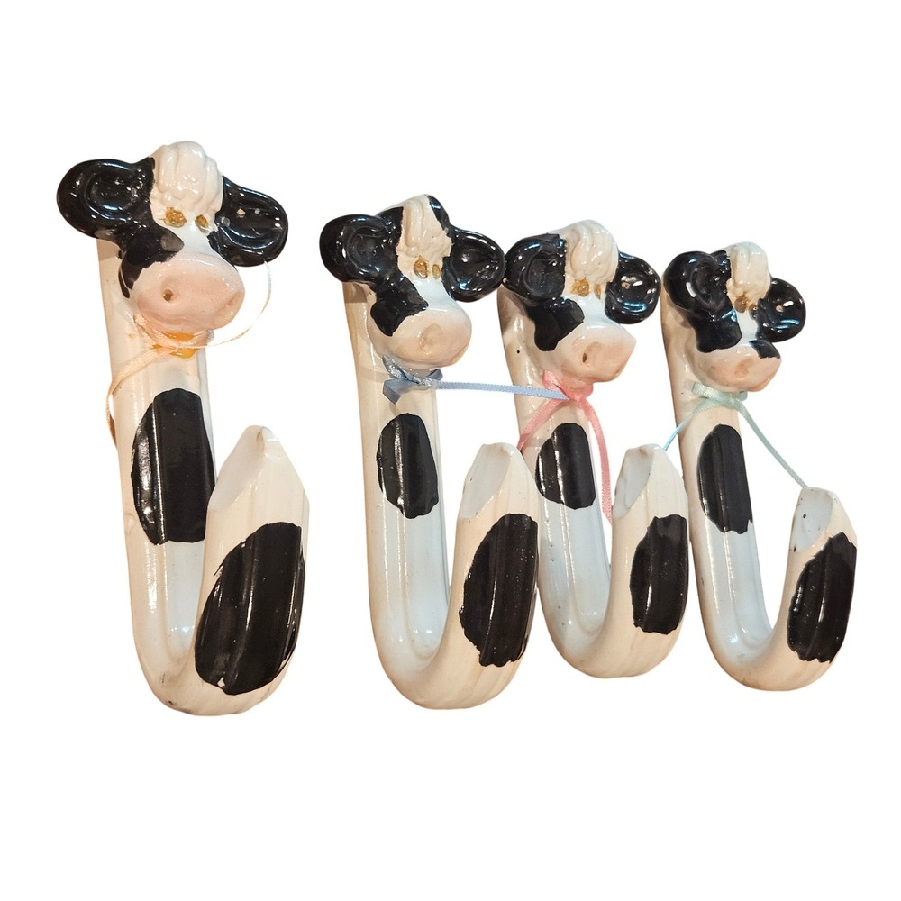 Vintage Farmhouse Ceramic Holstein Cow Wall Hooks Set of 4 Black White Glossy